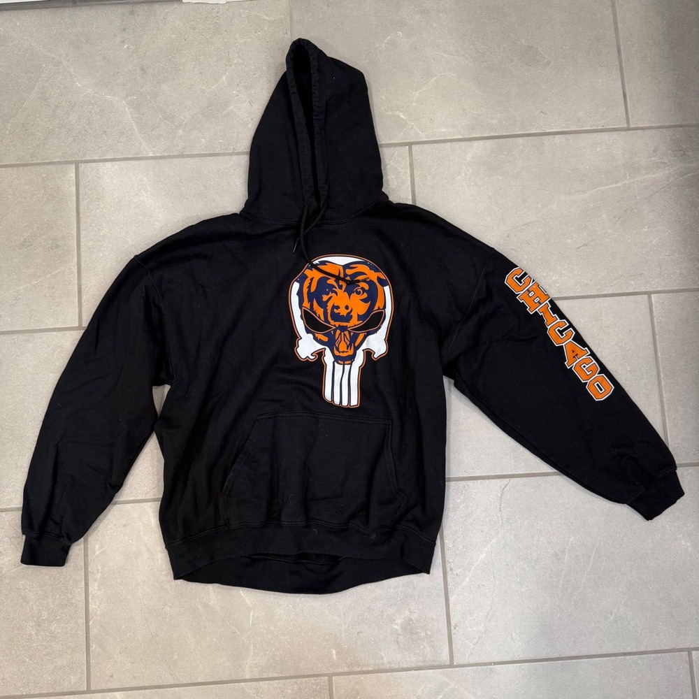 Gildan Chicago Bears Skull Graphic Hoodie Black Mens XL Long Sleeve Sweatshirt
